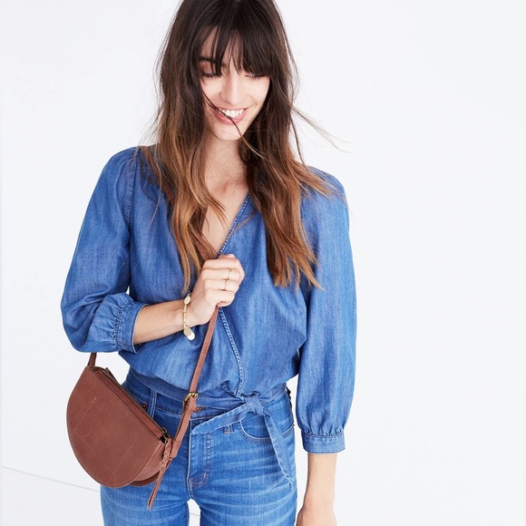 Tops - Madewell • Denim Wrap 70s Style Top Cotton Lyocell Blend Sz Small Tie Waist